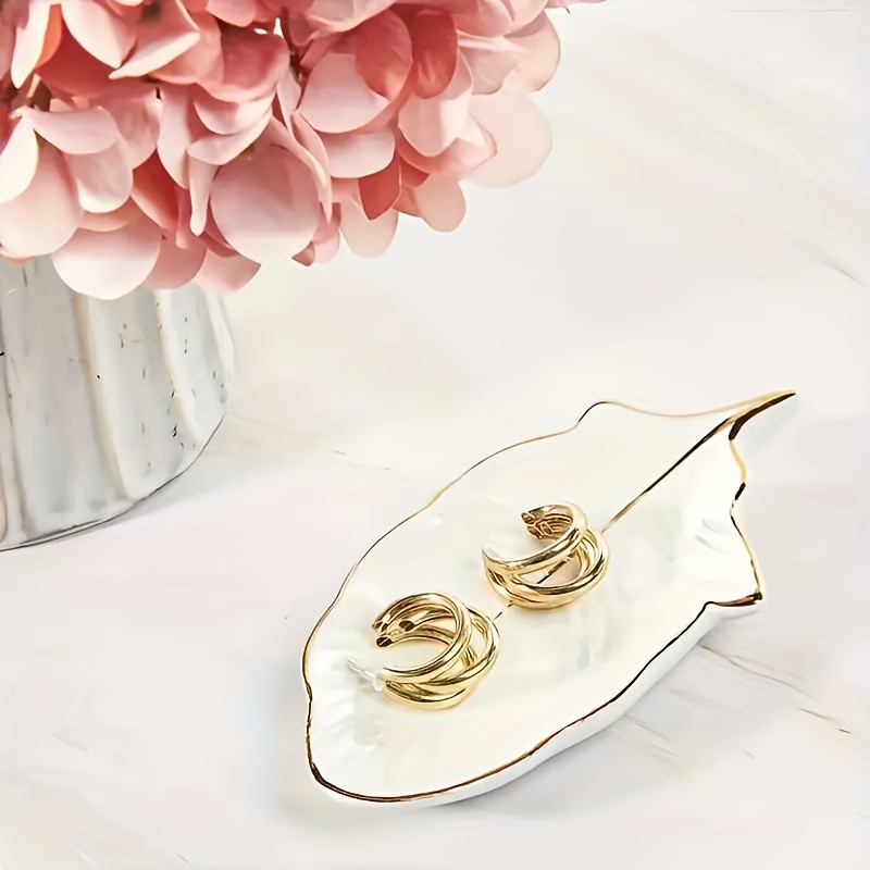 Image of 1pc Ceramic Feather-shaped Tray, Multipurpose Tabletop Jewelry Organizer, Decorative Storage Platter For Christmas, Halloween, Easter, New Year, Valentine's Day Gift, Jewelry Trays