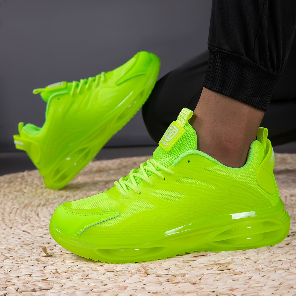 mens bright neon green casual sneakers low top breathable Temu