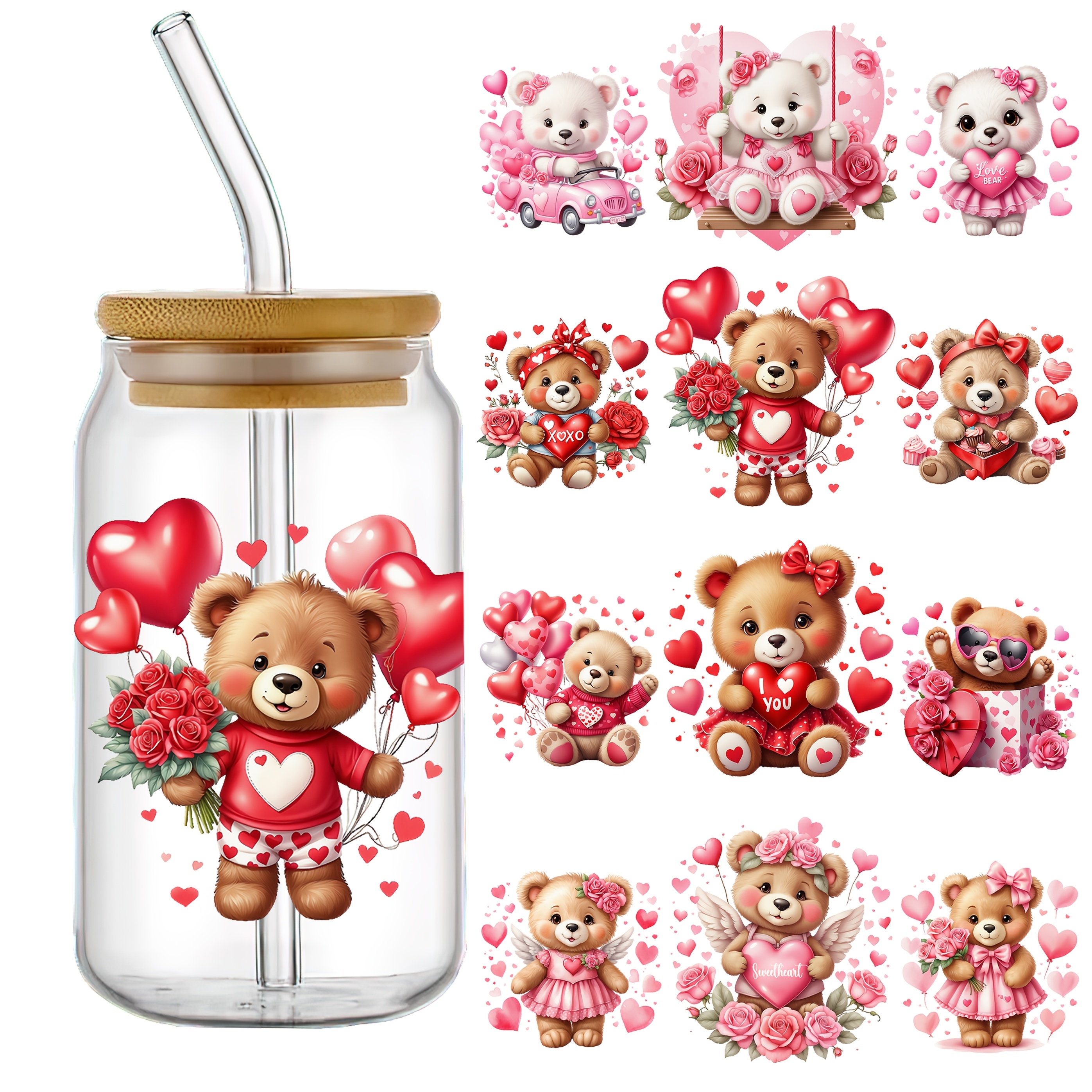 

Valentine's Day Bear-themed Uv Dtf Stickers, 4pcs - Waterproof & -resistant 3d Crystal Decals For Tumblers And Bottles, High-quality Self-adhesive Plastic Wraps (4.3"x9.4")