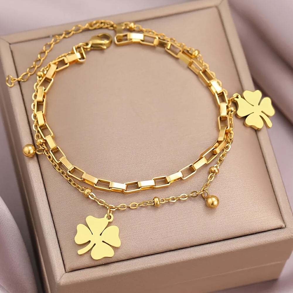 TEMU 1pc Fashionable Thin Bell Clover Pendant Layered Bead Women's Bracelet | 316l Stainless Steel, 18k Golden Plated, Elegant And , Ideal For Daily