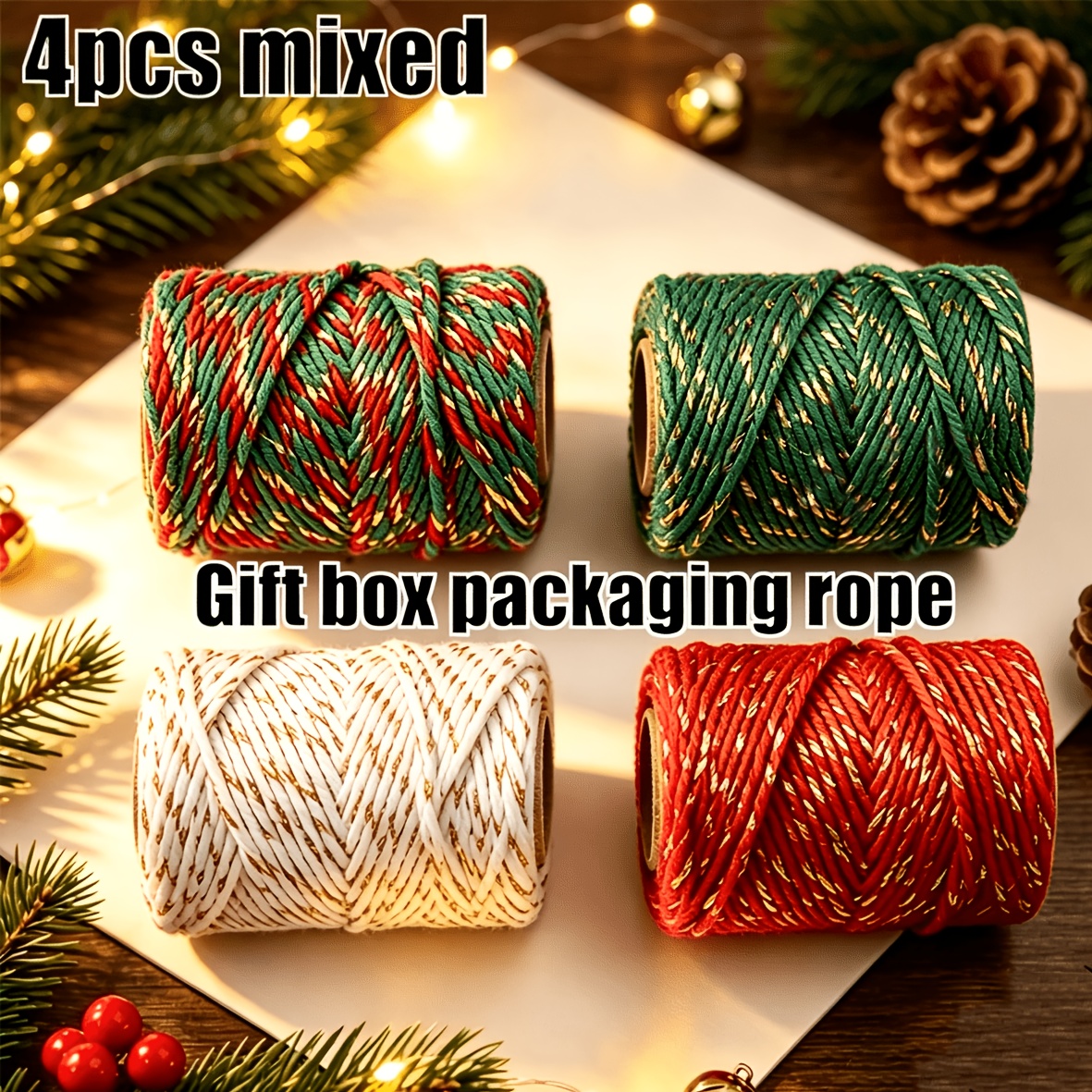 TEMU 4 stuks gemengd, 4 rollen geschenkdoos inpaktouw, cadeau-inpaklint, veelkleurig gemengd gevlochten koord met gouden strepen, voor kerstcadeau-,