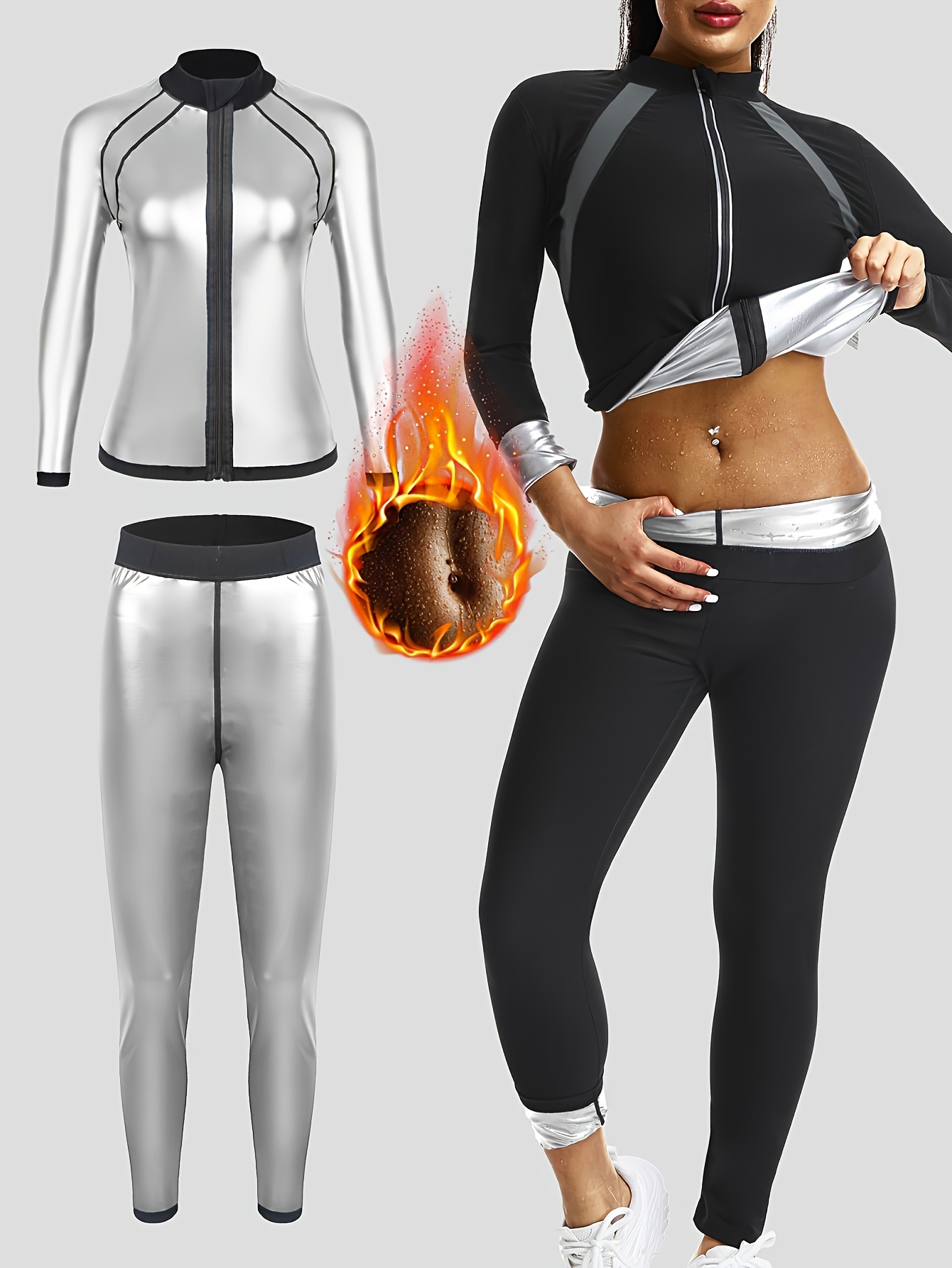 2pcs Women's Fitness Long Sleeve and Pants Set, Women's Sauna Sport Long Sleeve and Pants Set, Women's Sauna Suit Set, E