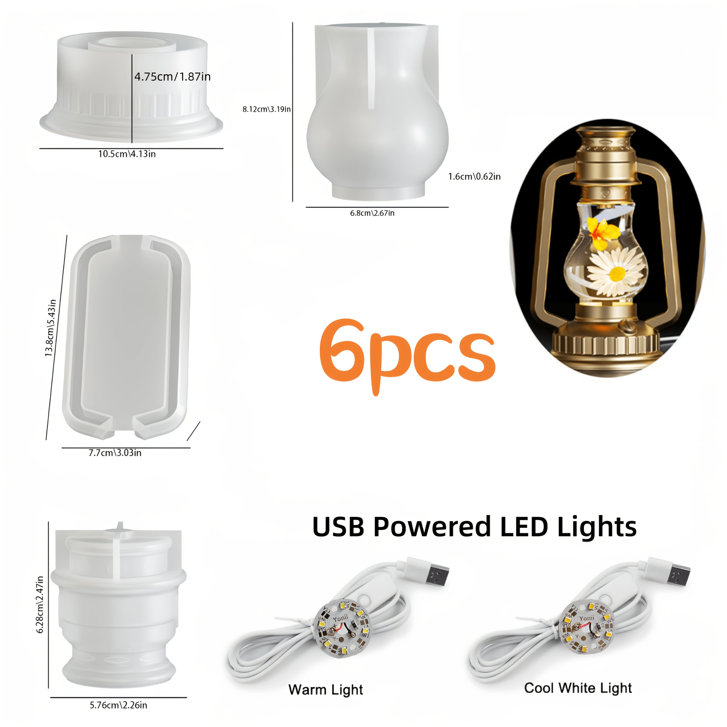 TEMU Kit da 6 pezzi per realizzare lampade a cherosene in resina, 4 stampi in silicone per luci notturne per resina e 2 luci LED, stampi vintage per