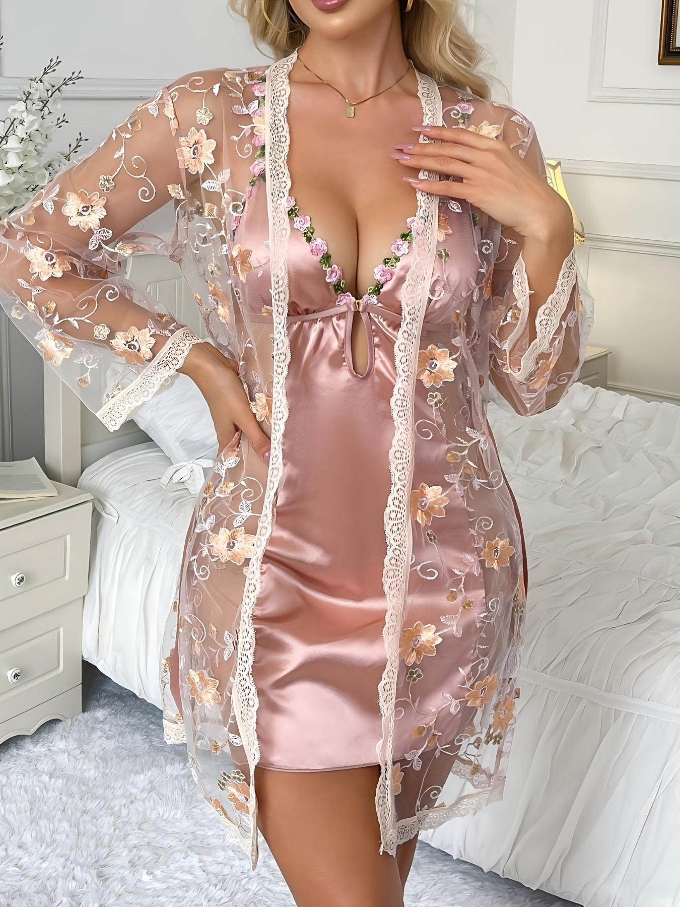 Sexy Deep V-Neck Floral Embroidered Patchwork Criss-Cross Backless Sleep Dress with Tie-Up Robe Loungewear Set BS0908