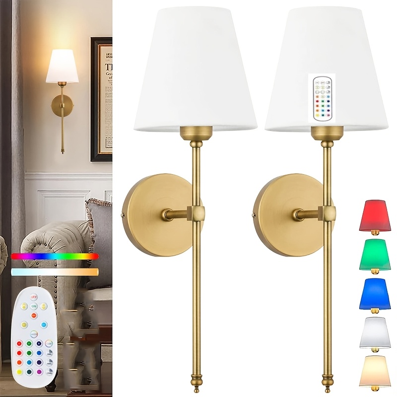 TEMU Battery Operated Wall Sconces Set Of 2 Cordless Wall Lights With Rechargeable Bulbs And Remote, 12 Lighting Colors And Dimmable, Battery Powered