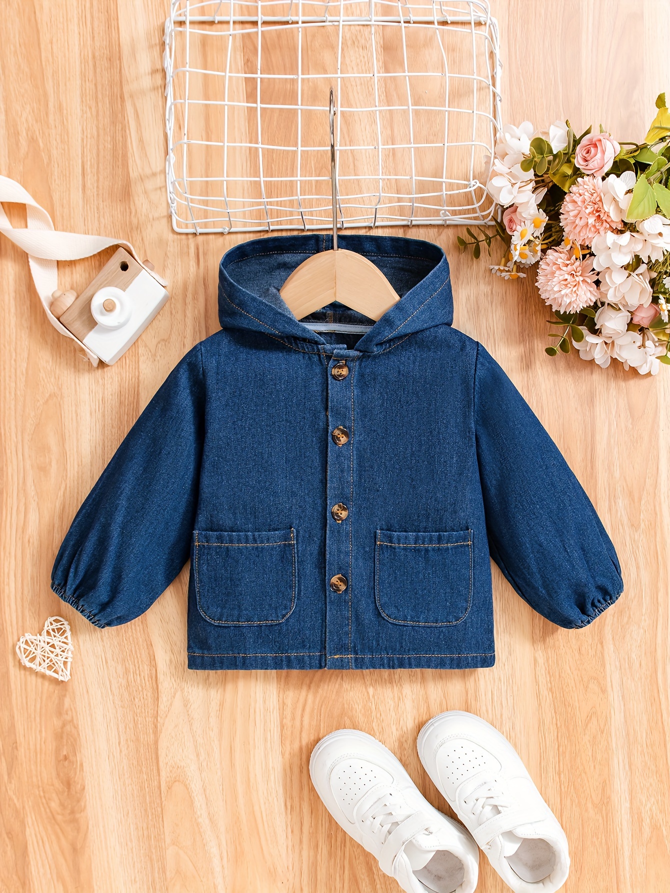 Boys' Denim Jacket with Hood Casual Comfortable Lightweight  Outerwear, Long Sleeve Button-Up with Flap Pockets, Solid Dark Blue for  Fall/Winter