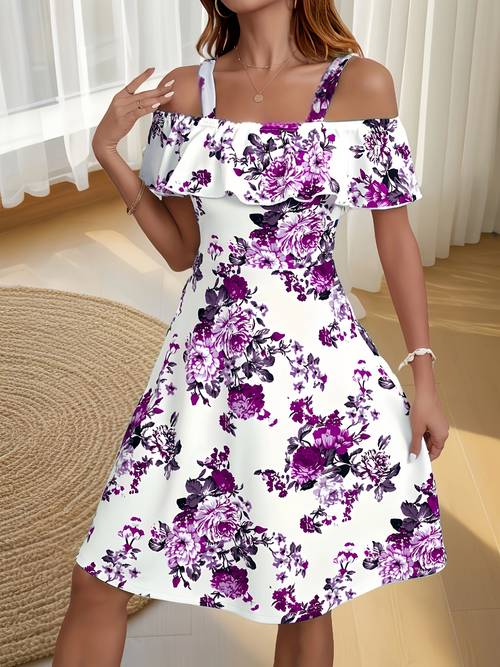 item picture womens off shoulder a line dress with purple floral print sleeves breathable polyester spandex blend machine washable for spring casual attire casual outfit elegant design summer wardrobe