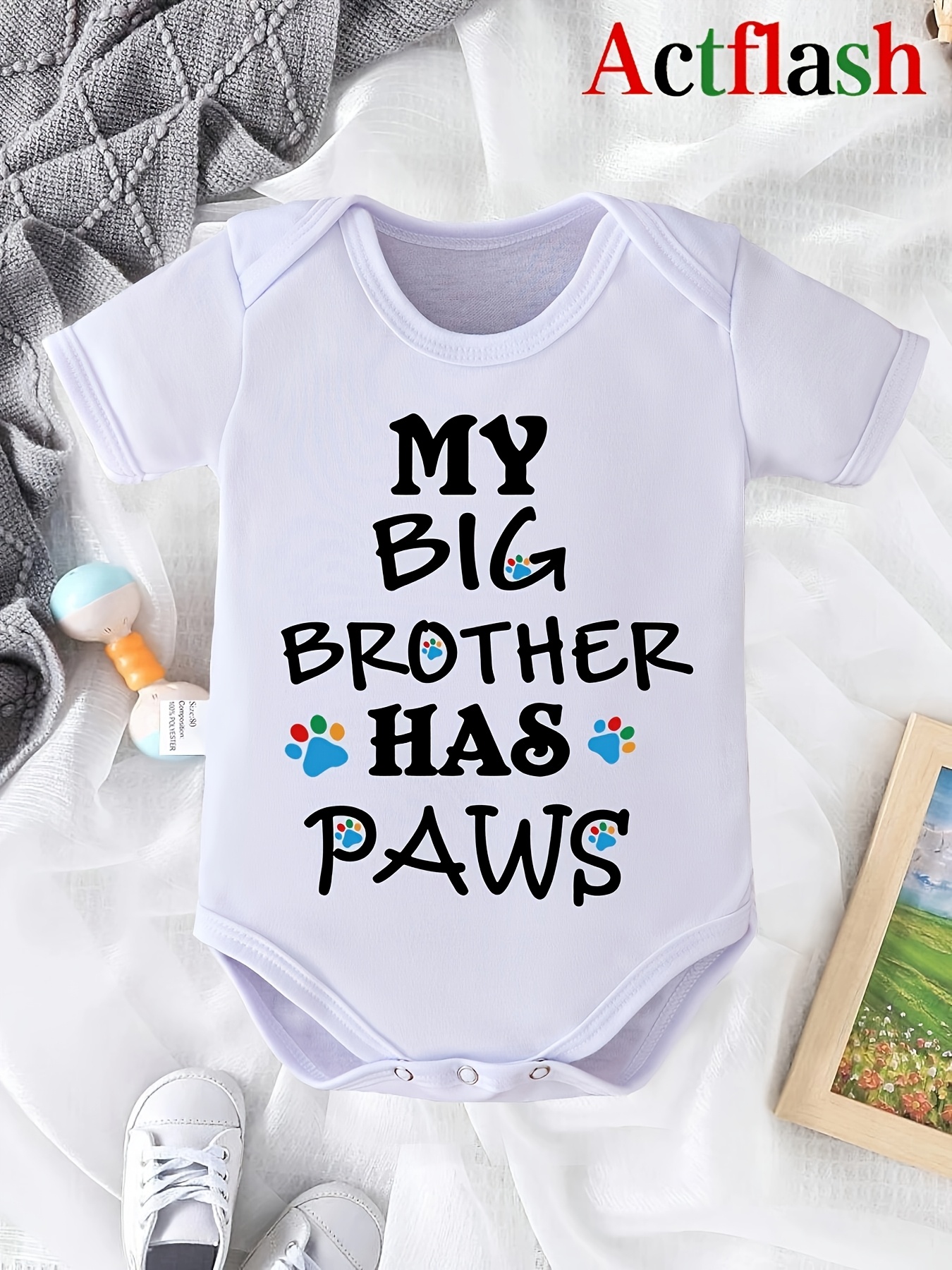 ACTFLASH &*;My Big Brother Has Paws&*; Baby Bodysuit Black with White  Letter Print Colorful Soft Breathable Newborn Onesie, Short Sleeve Snap 