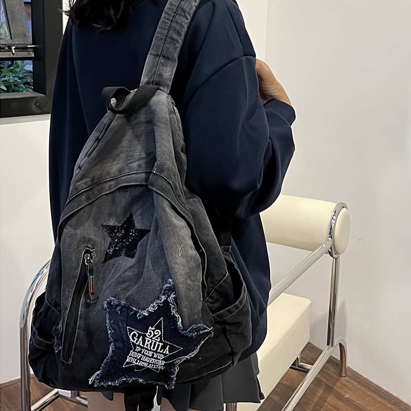 Women's Fashion Backpack Washed Gradient Shoulder Bag Large Capacity Student Schoolbag Sequin Star Patch Casual Fashion Backpack