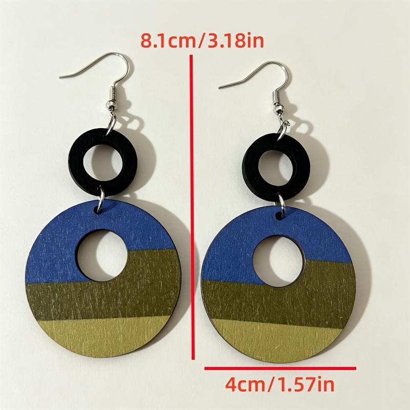 Women's Bohemian Round Openwork Color Block Striped Wooden Earrings