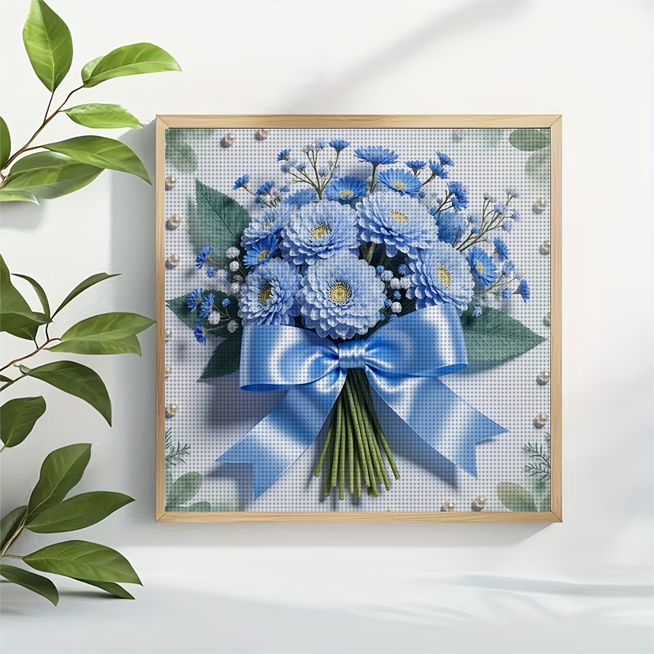 DIY Printed Cross Stitch Kit, Blue Flower Bouquet Pattern for Beginners