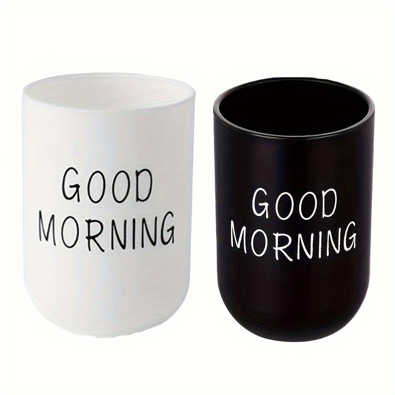 

2pcs Minimalist Plastic Toothbrush Cups, Round Mouthwash Cups For Bathroom, Good Morning Design, White & Black