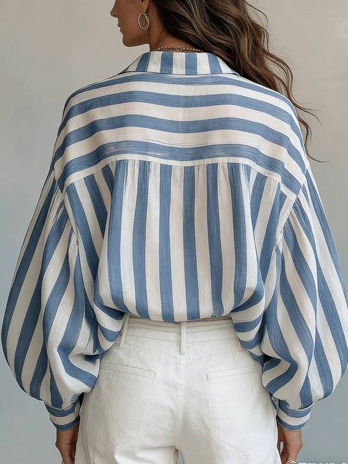 camisa de comprida às riscas retro nova coleção verão para mulher, top de praia estilo férias, deslocação casual