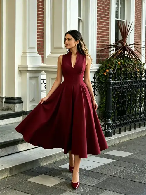 elegant dark red dress Wine Long Prom with Notched Neckline Wine / 00 it features a fitted cocktail style with a flared skirt that volume Red Polyester Midi Dress with