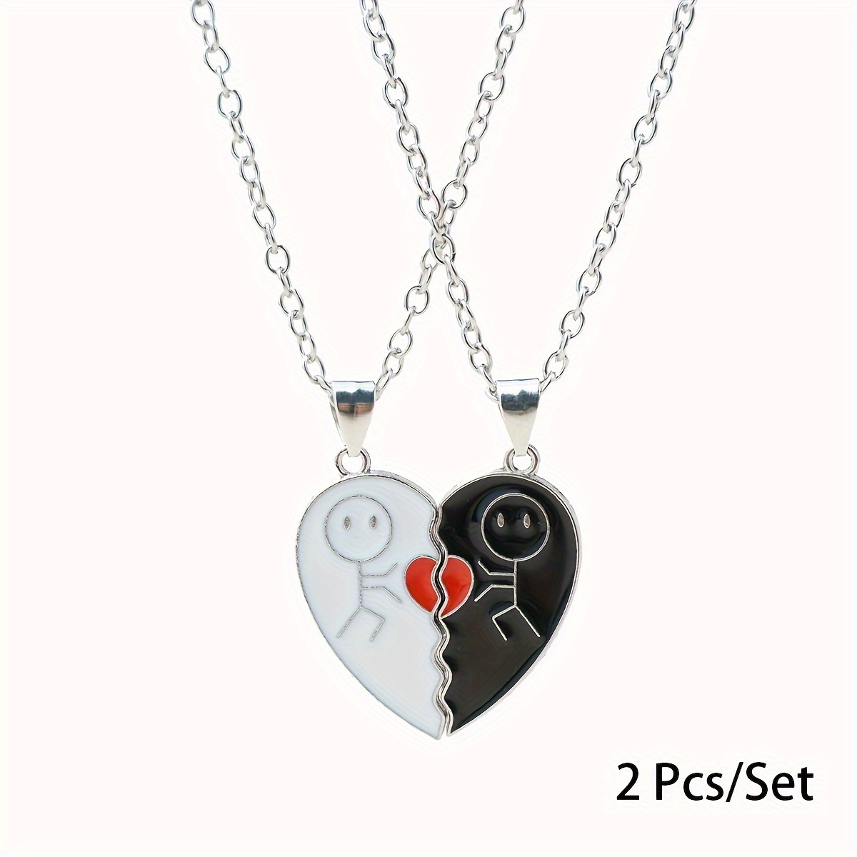 Image of 2 Pcs/set Heart-shaped Splicing Pendant Necklaces, Cute & Simple Friendship Jewelry, Alloy, No Plating, Adjustable Chain, Gift For Christmas & Parties