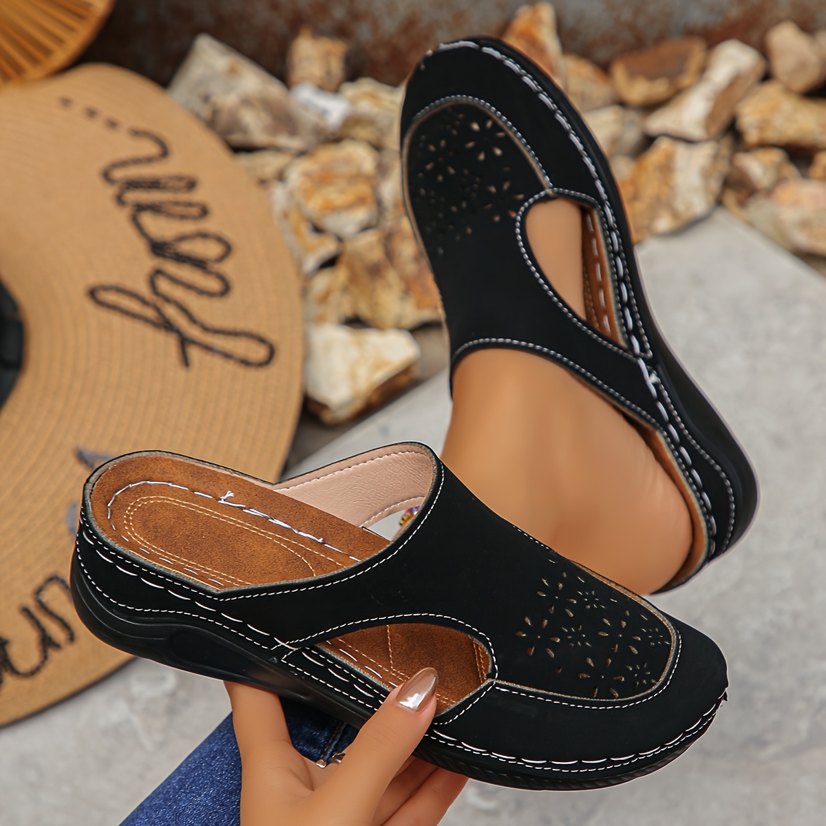 TEMU Chaussures paresseuses ajourées avec talons compensés amortissants, demi-mules décontractées polyvalentes, chaussures élégantes pour femmes,