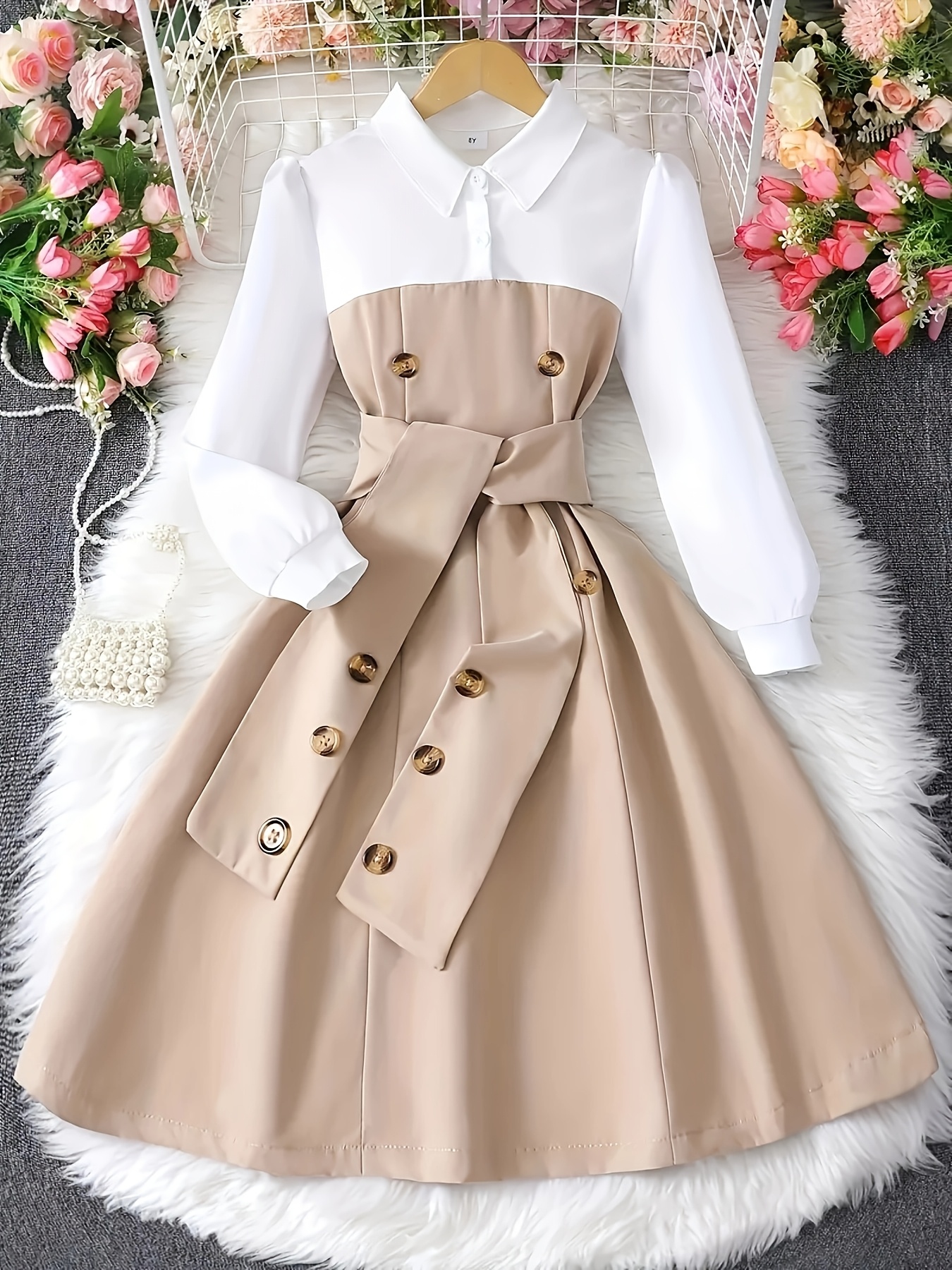 Girl's Fashion Dress with Color Block * Design, Belt, and Button Details,  College Style Schoolwear, Ladies' Fashion, Khaki with White Contrast