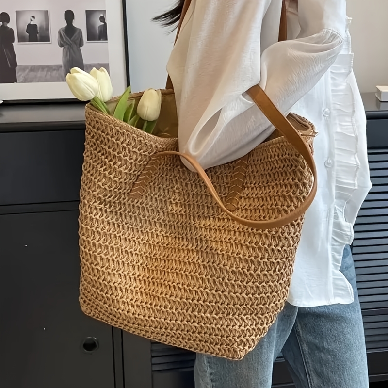 TEMU Women's Beach Bag Straw Tote Bag Woven Summer Handbag Large Shoulder Bag With Zip
