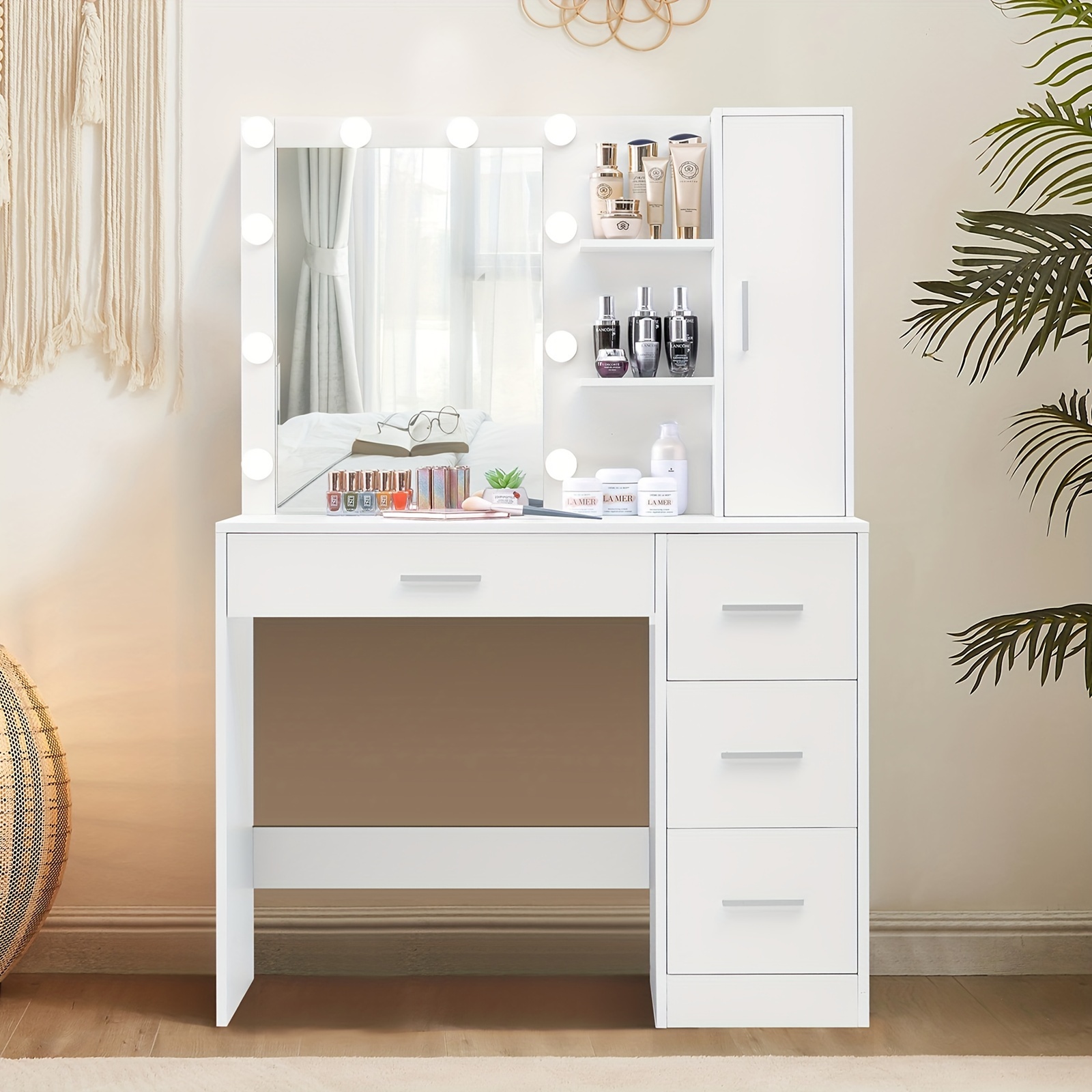 

Athwel Makeup Vanity With Lights, Vanity Desk With Mirror And 10 Led Lights, Vanity Table Set With 4 Drawers, 1 Cabinet & 4 Necklace Hooks, Dressing Table For Bedroom