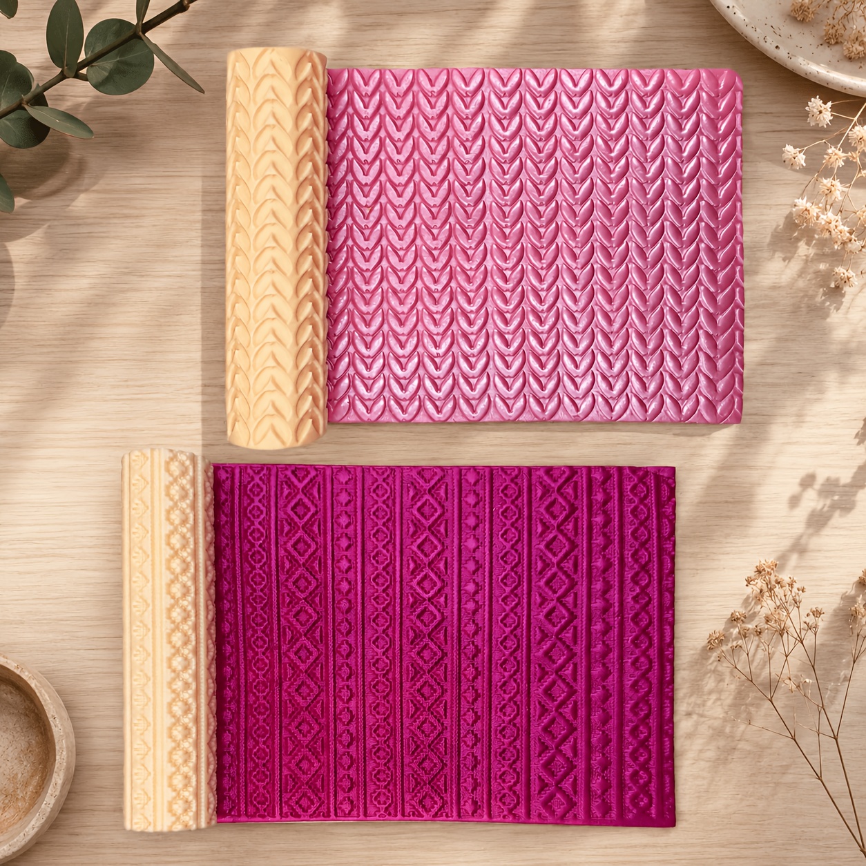 TEMU 2pcs Knitted Fabric Polymer Clay Texture Rollers, Cable Knit Embossing Roller Tools For Earring Jewelry Making, High-precision Clay Sheets For