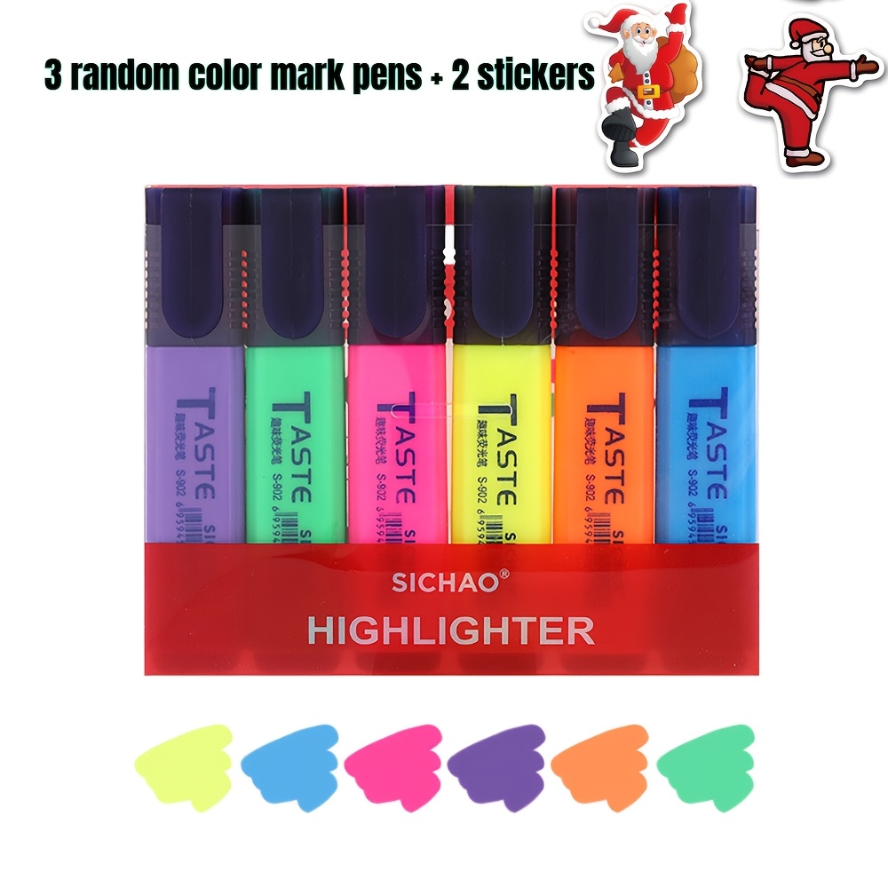 TEMU Surligneurs Néon Premium, 3pcs et 2pcs de Stickers de Noël Aléatoires, Stylos de Rangement Colorés, Ombrage de Couleur pour Notes, Stylos de