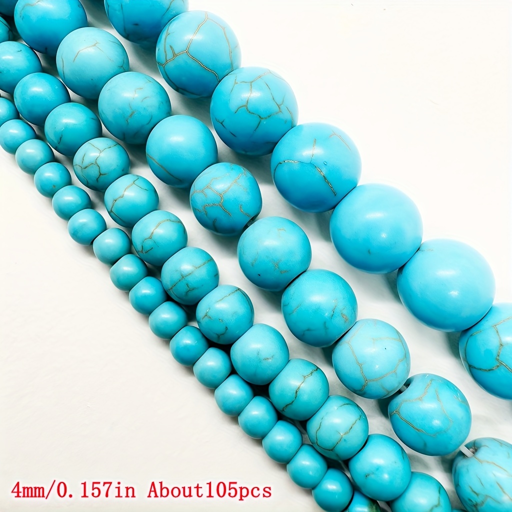 TEMU Natural Turquoise Beads | Blue Veined High-gloss Polished Round Spacer Beads (4/6/8/10mm) 105/66/48/38pcs Assorted Sizes Combo | Making Supplies