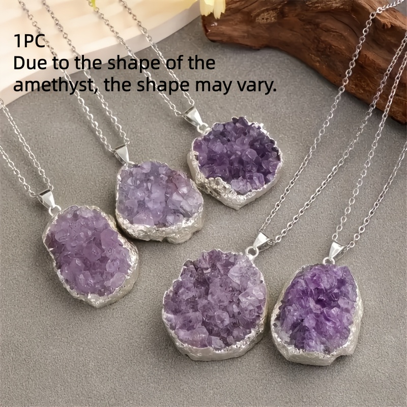 TEMU Collier pendentif 1 pièce en améthyste naturelle - Cristal avec améthyste irrégulière, rétro minimaliste, convient pour et les occasions