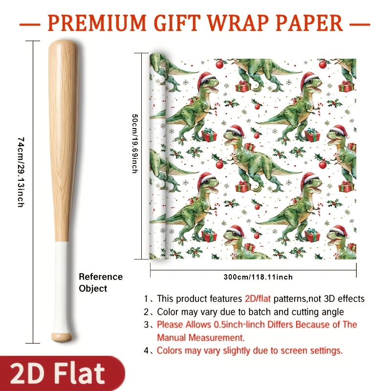 TEMU 1 Roll 2d Flat Dinosaur Christmas Wrapping Paper - White With Wearing A Santa Hat, Featuring Gifts, Snowflakes, Holly, And Pattern, 118.11x19.69