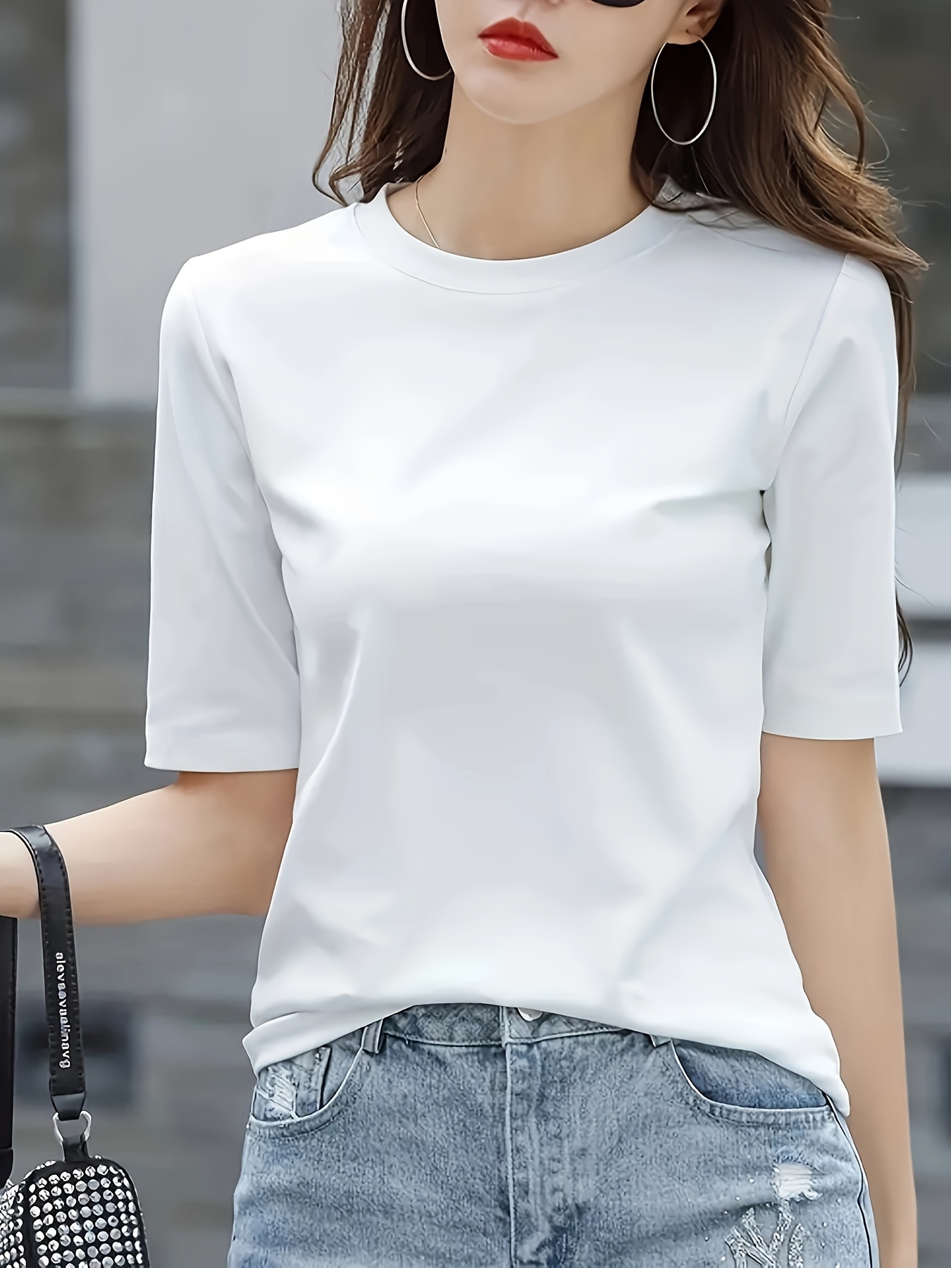 Women's Stretchy Slim-Fit Mid-Sleeve T-Shirt - Lightweight Round Neck Casual Top, Solid Color All-Season Layering Essential, Machine Washable, Versatile Clothing, Sensual Fit Tee, Easycare Material