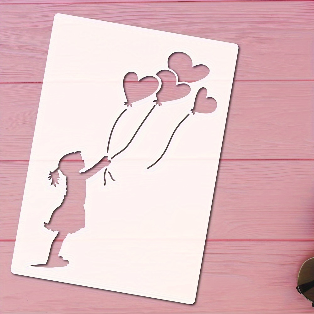 Image of A Large Template Of A Girl With A Heart-shaped Balloon Measuring 11.7x8.3 Inches - Washable And Reusable, Suitable For Crafts On Wood, Fabric, Paper, Walls, Canvas, And Floors