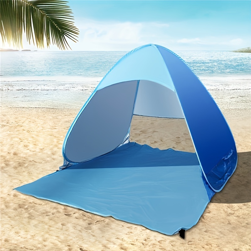 

Upf 50+ Portable Beach Sun Shelter For 2, Fiberglass Frame, Polyester Canopy, Hook And Loop Closure, Waterproof Sunshade With Stakes