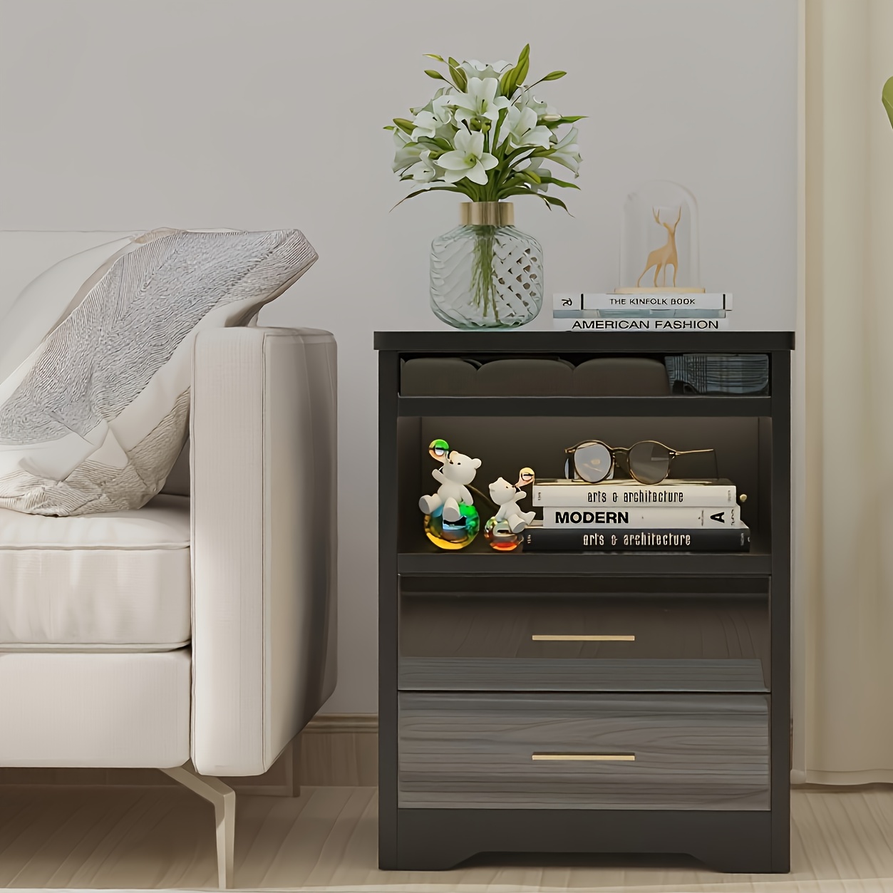 TEMU High Gloss Bedroom Nightstand, 44x39x58cm Large Capacity, Sofa Sideboard With 2 Drawers, 1 Shelf Storage Cabinet With 6.5cm Deep Privacy Sliding