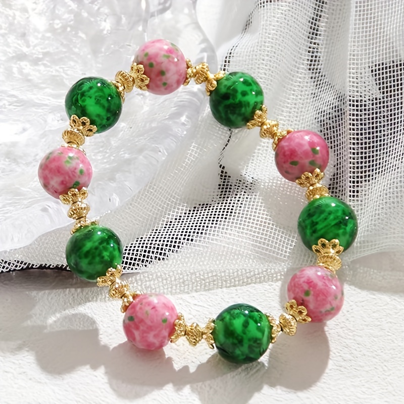 

Elegant Vintage-inspired Pink & Emerald Green Glass Bead Bracelet For Women - Fashionable Accessory, Perfect Gift