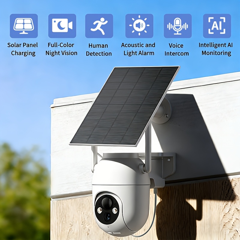 TEMU 1pc Outdoor Security Solar Camera, Wifi , 1080p Full Hd, 355° Pan-tilt Rotation, Hd Night Vision, Detection, Supports Audio-visual Alarms &