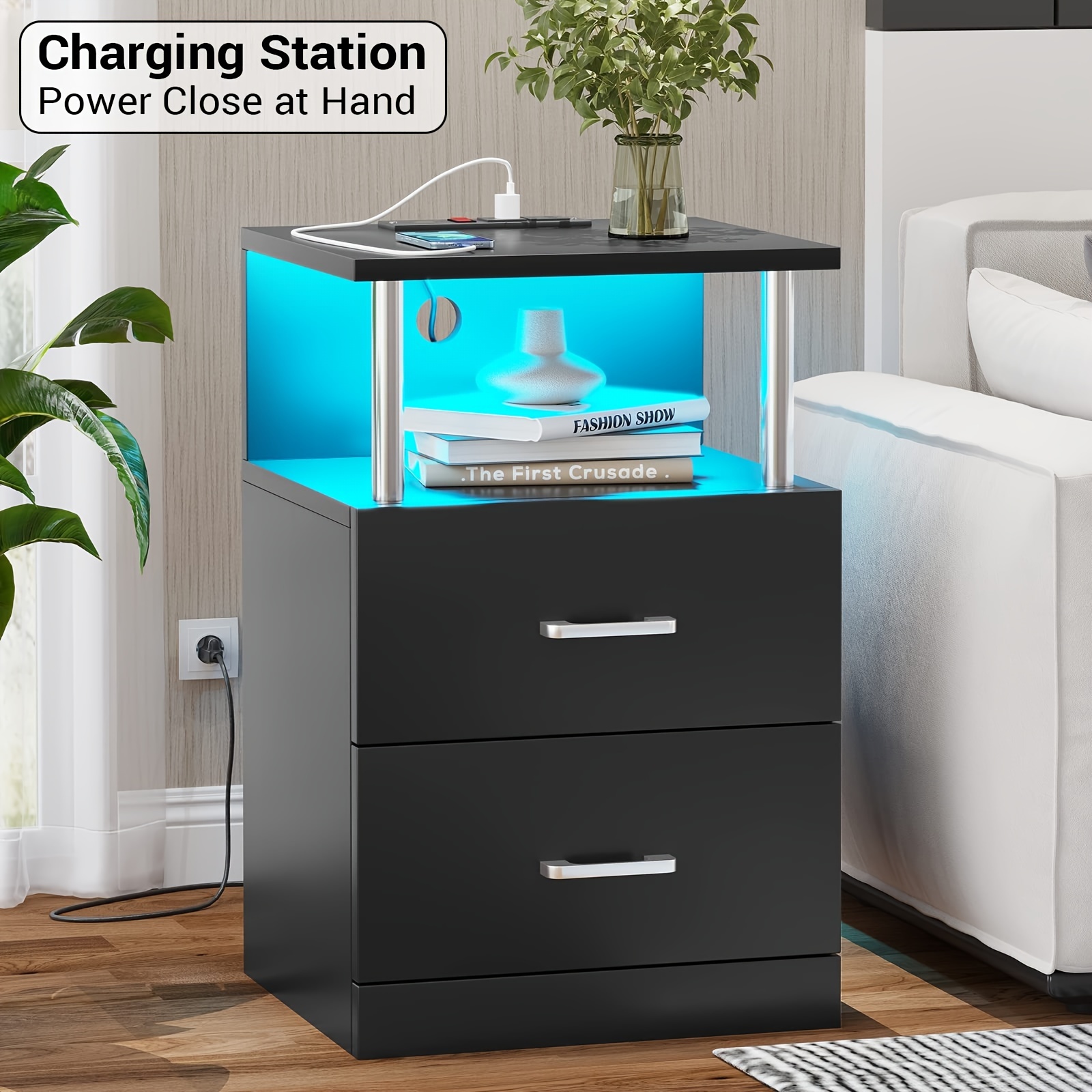 

Black Nightstand With 2 Drawers And Open Storage, Nightstand With Usb Charging Station And Led Light, Modern End Side Tables Bedroom Office, 1pcs