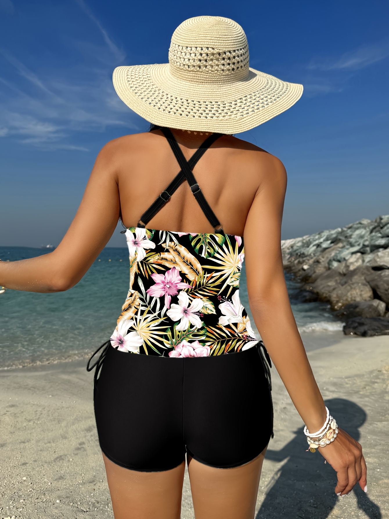 Floral Print Drawstring Square Neck Tankini Set