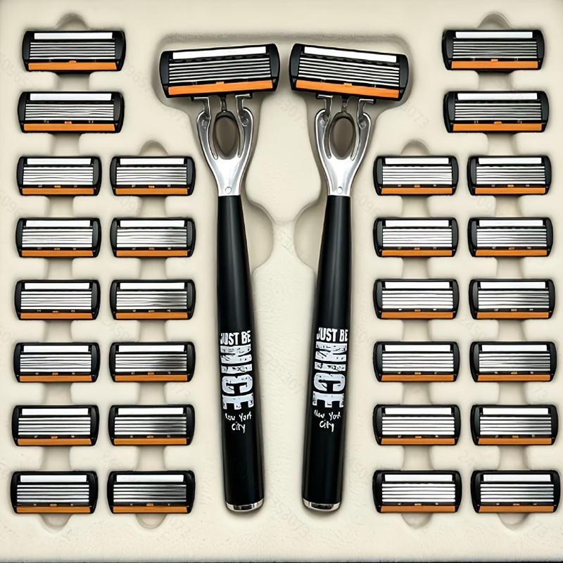 TEMU 2 piezas Negro 30 piezas Cuchillas de Repuesto Kit de Afeitado Manual de 6 Capas | Set de Afeitado Manual de Seguridad para Hombre con Cuchillas