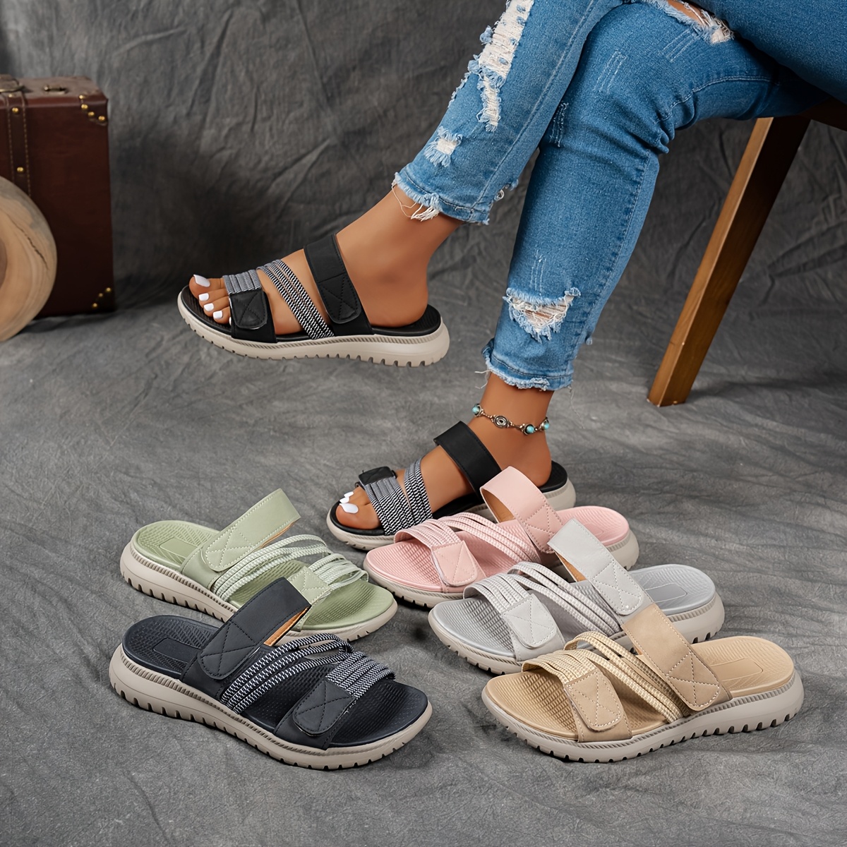 womens multi color elastic webbing slippers with fastening soft sole outdoor walking slippers women shoes 4