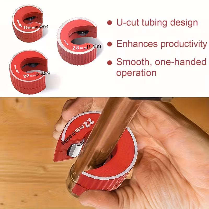 three size 15mm 22mm 28mm self locking round pipe cutter ratchet design for effortless operation removable cuts copper aluminum brass pvc pipes durable construction professional plumbers plumbing projects details 8
