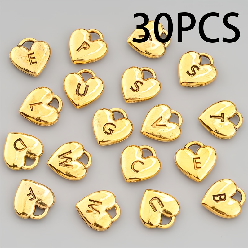 E-shop 30 Stück Buchstaben Herz Anhänger Antike Goldene Englische Alphabet Charms Zinklegierung Stil Perlen, Schmuckzubehör Kettenschmuck, Anhänger