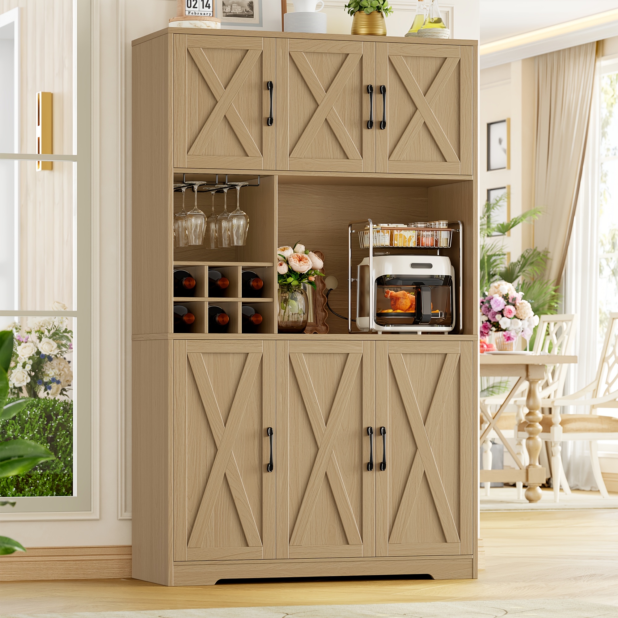 Image of Kealive Kitchen Buffet, 180cm Tall Kitchen Cabinet With Glass Door, Removable Wine Rack, Microwave Shelf, Kitchen Storage Cupboard For Dining Room Or Living Room