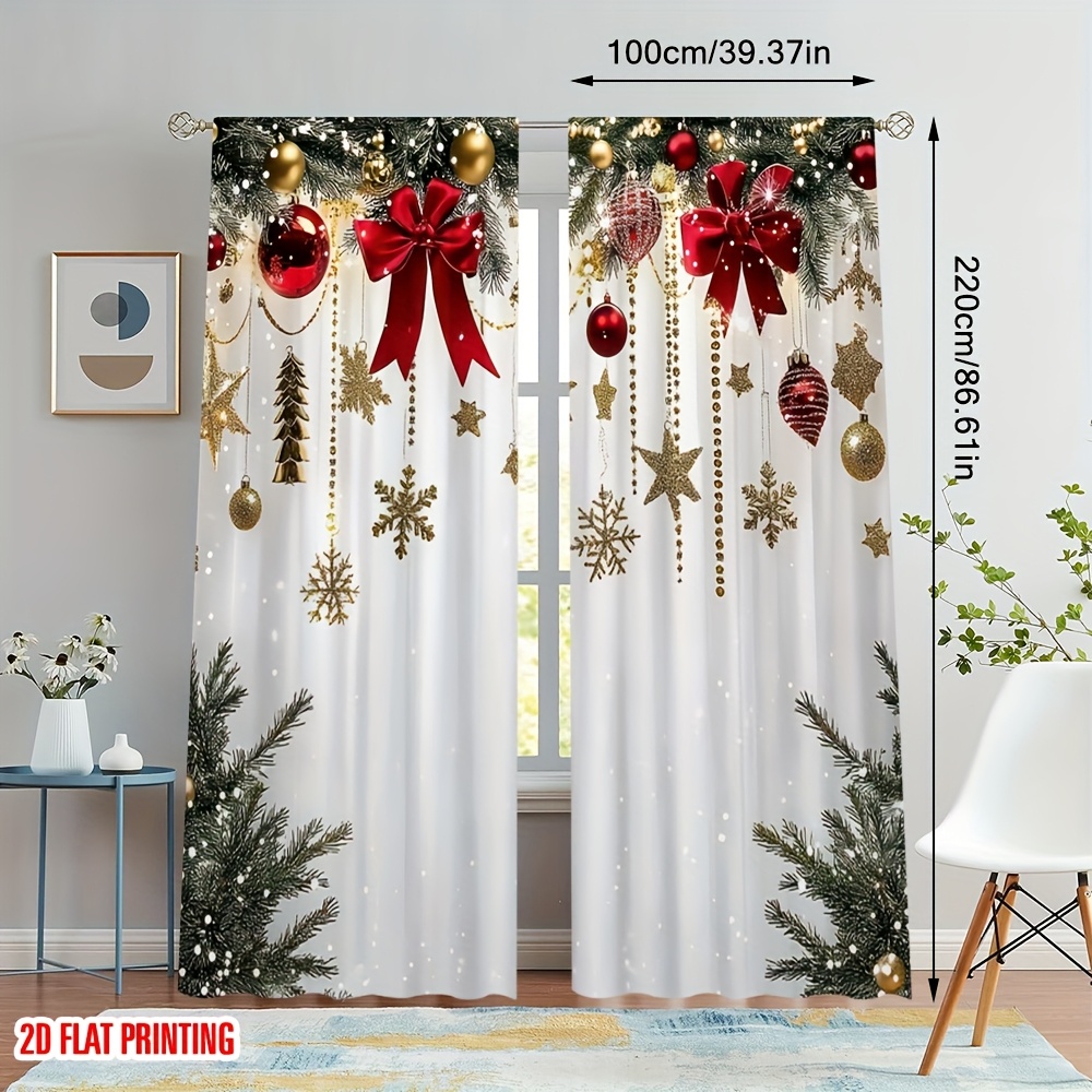 TEMU 2d Flat - 2d Flat - Two-dimensional Printed Curtains Featuring A Festive Merry Christmas Design With A Red Bow, Made From Durable 100% Polyester