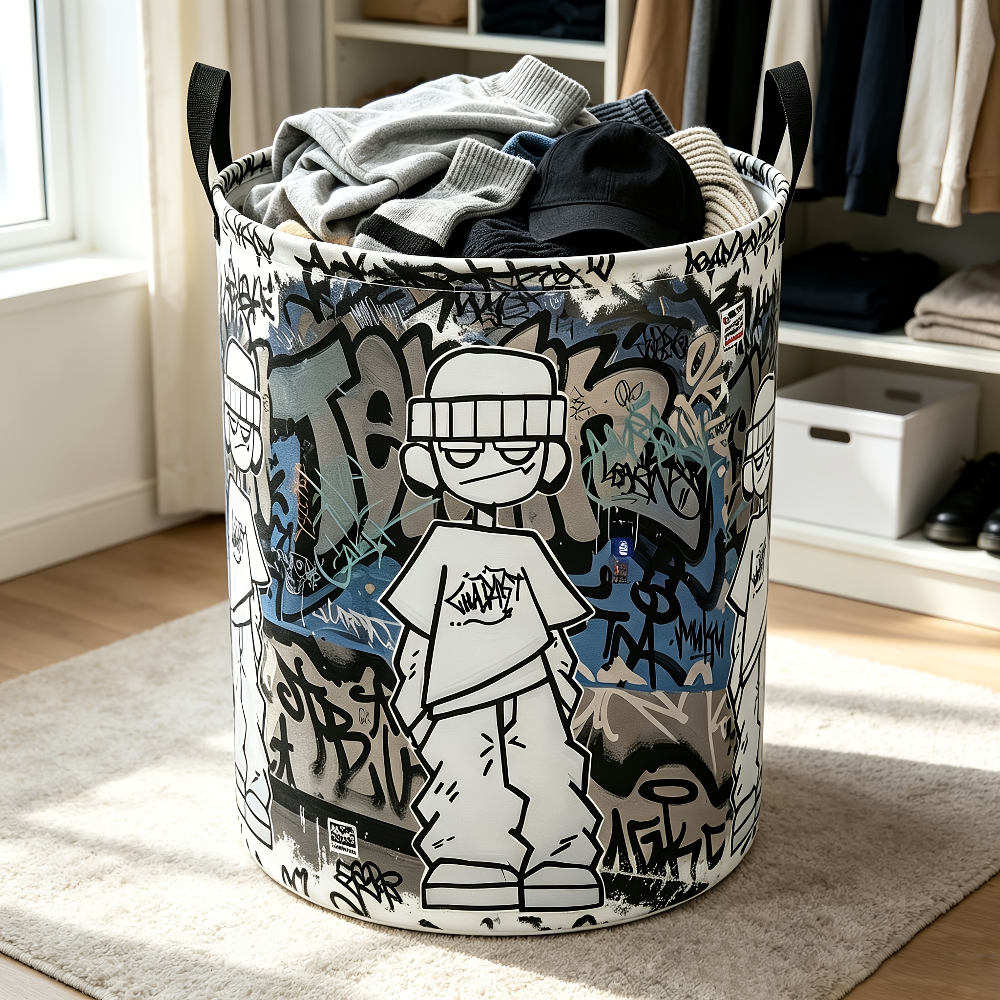 TEMU 1 stuk Vierkante Wasmand, Hiphop Graffiti Print Opvouwbare Opbergmand met Handvatten, Trendy Amerikaanse Vintage Decoratieve Organizer voor