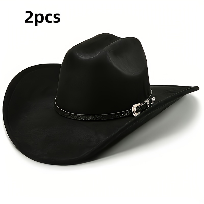 TEMU 2pcs Unisex Western Cowboy/cowgirl Hat - Wide-brimmed Felt Ranch Hat With Pull String Closure & Moldable Wide Brim Suitable For Horse Racing,