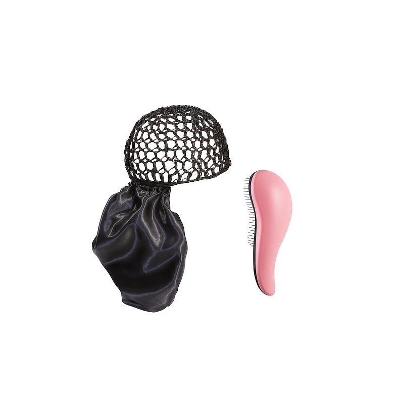 TEMU Ensemble 2-en-1 de bonnet de nuit tissé et de chapeau d'enroulement avec brosse lissante, bonnet de nuit à franges en satin, kit de soin