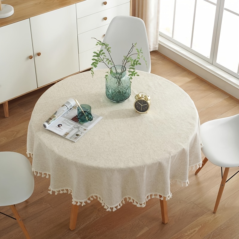 

Modern Minimalist Beige Bamboo-hemp Round Tablecloth With Tassels - Polyester, Perfect For Kitchen & Dining