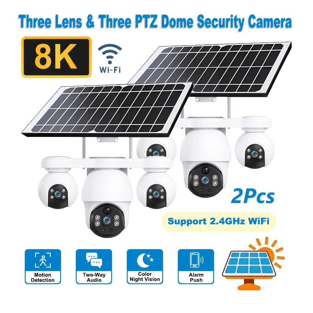 2-pack 3-lens 3-screen 8k Wifi Outdoor Solar Security Camera Video Surveillance Ptz360° Pan Tilt Rotation Motion Tracking Pir Human Detection Voice Night Vision Alarm Push For 2.4ghz Network For