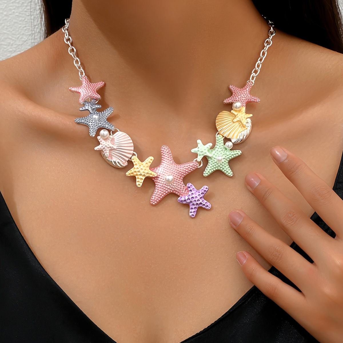 

Vacation Style Starfish Seashell Pendant Necklace Cute Sweet Boho Ocean Style Clavicle Chain Jewelry For Daily Holiday Wear