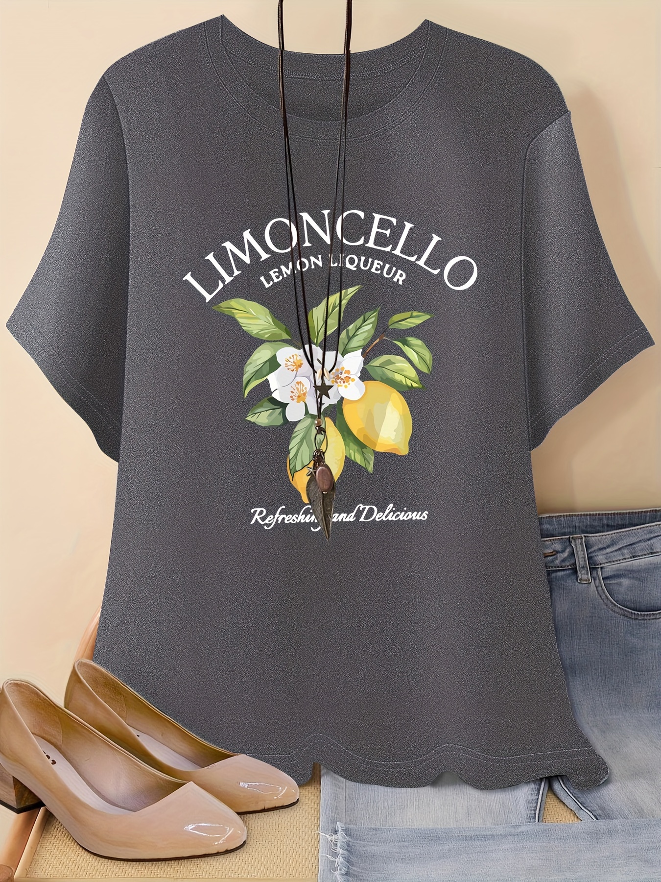 Lemon Print T-shirt, Short Sleeve Crew Neck Casual Top For Summer & Spring, Women's Clothing