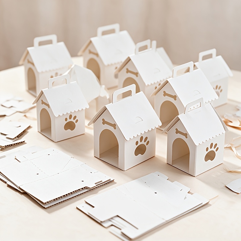 TEMU 10 Pack Pack Of 10 Foldable White Paper Dog House Boxes With Pre- Holes - Suitable For Pet Birthday Wedding Adoption Party Decorations, Puppy